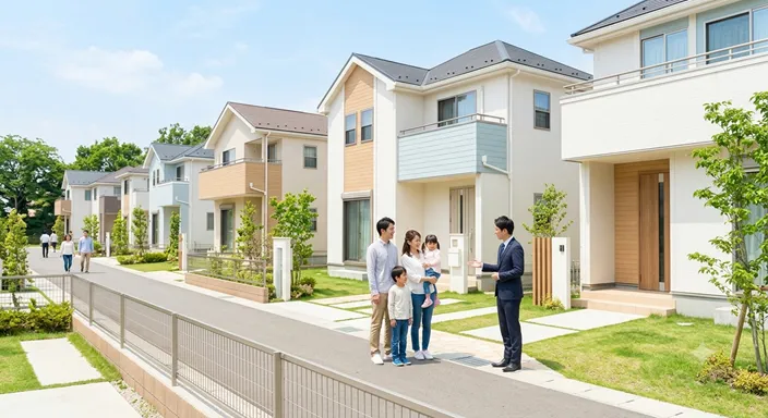 モデルハウスや住宅展示場に並ぶ整った新築住宅と、家族が完成後の暮らしを想像している様子。