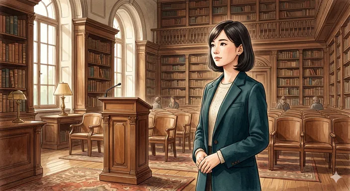 大きな書棚や講壇の前で、若い人物が敬意を込めて控えめに立っている様子。