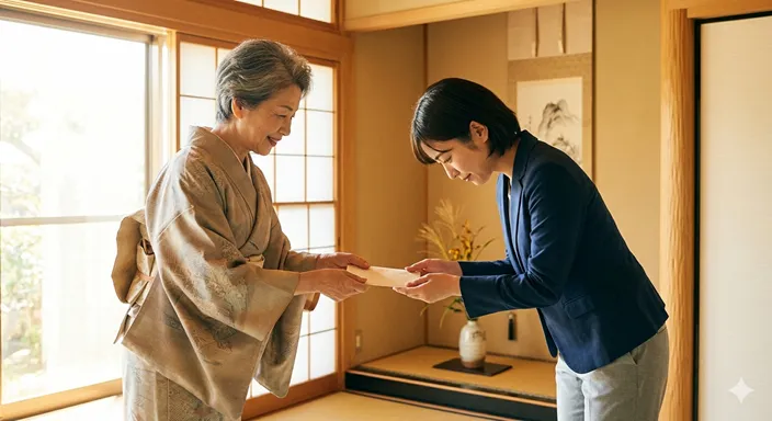 暖かな光の中で差し伸べられた手を両手で丁寧に受け取り、厚意への感謝と恐縮を表している画像。