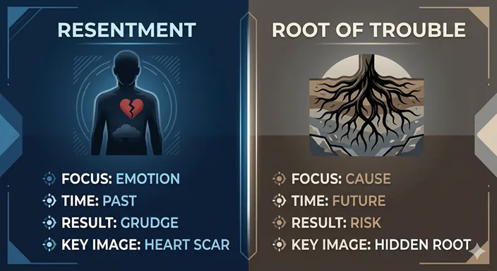 遺恨(RESENTMENT)と禍根(ROOT OF TROUBLE)を、感情と原因、過去と未来の軸で比較した英語のインフォグラフィック。