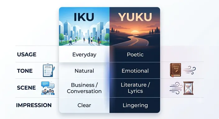IKUとYUKUを、Usage、Tone、Scene、Impressionの軸で比較した英語表記のインフォグラフィック。