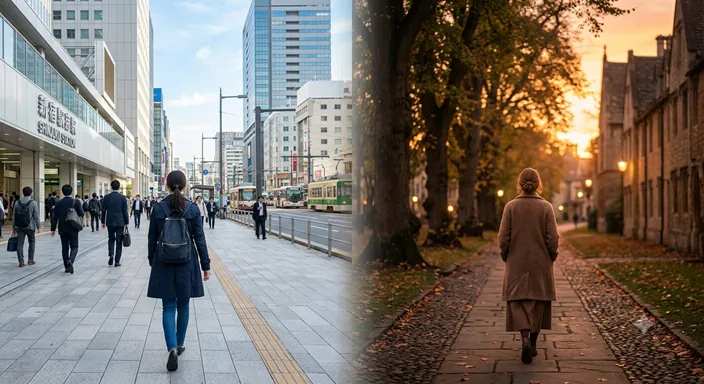 現代的な街へまっすぐ歩いていく人影と、夕暮れの道を静かにゆく人影を左右で対比した画像。