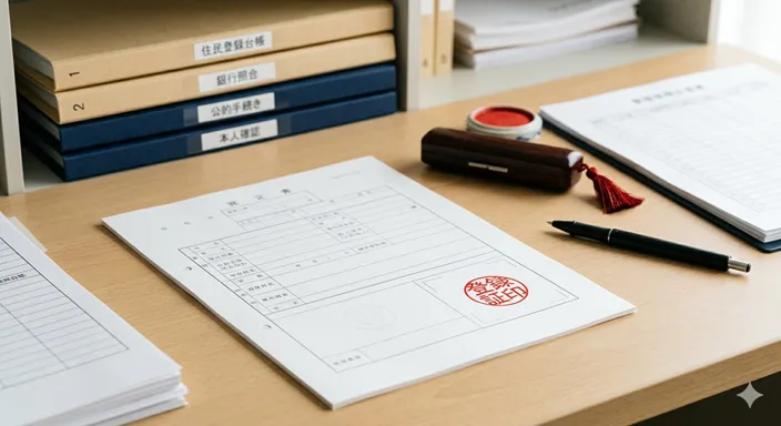 書類に押された赤い印影と、照合や登録をイメージさせる整った書類群が並ぶ様子。