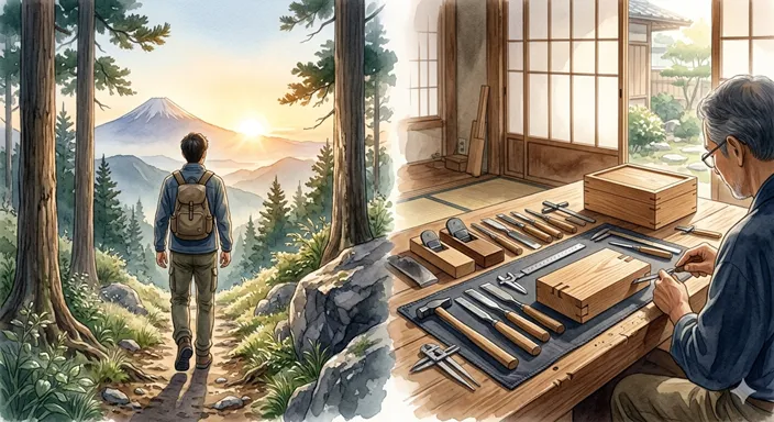 山道を歩む人物と工房で磨かれた道具が重なり、内面の成長と技能の習得を象徴するイメージ。