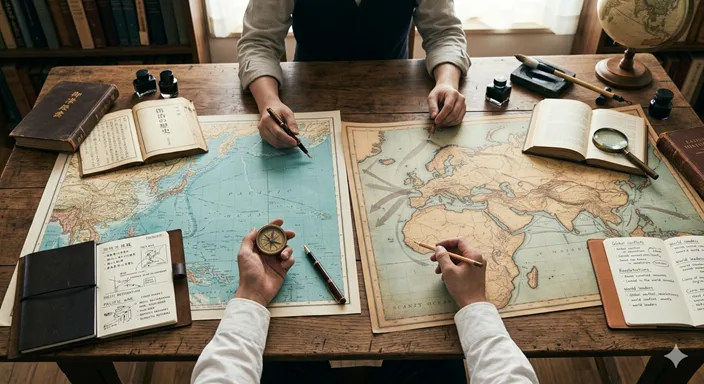 机の上に置かれた日本地図と世界地図を見比べながら、歴史の視点を選んでいる様子を表現したビジュアル。