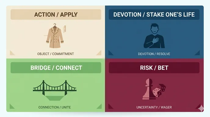 掛ける、懸ける、架ける、賭けるを、ACTION、DEVOTION、BRIDGE、RISKの英語ラベルで比較したインフォグラフィック。