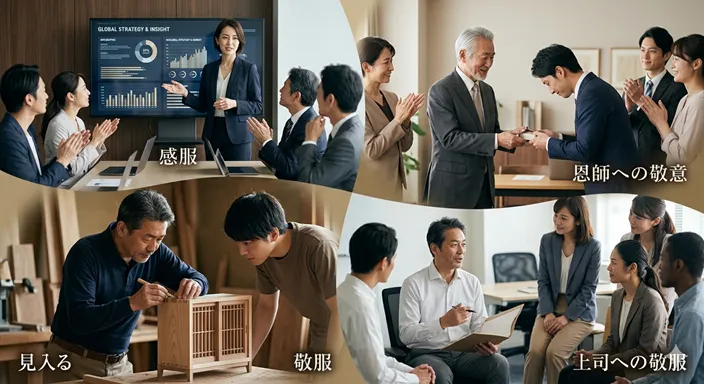 ビジネスや日常の複数場面の中で、感服と敬服の使い分けがイメージできるシーン構成。