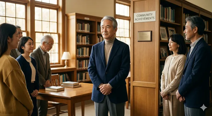 誠実に歩みを重ねてきた人物に、周囲が静かに敬意を向けている様子。