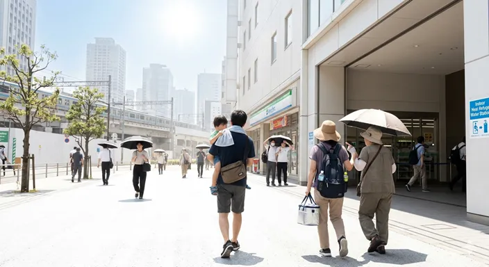 強烈な日差しと照り返しの中で、日陰や冷房のある場所へ避難する人々を描いた危険な暑さのイメージ。