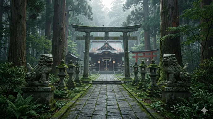 静かな神社の参道で、左右一対の狛犬が拝殿へ続く道を守っている。
