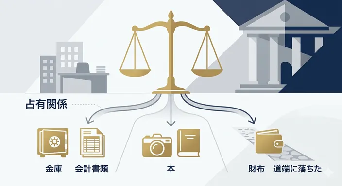 会社のお金、借りた物、拾った物の判断が分かれる境界線を、三つの分岐と天秤で表した法律イメージ。