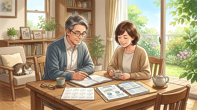 寿命の統計をもとに、家族や個人が未来の暮らしを前向きに計画している様子を表した画像。