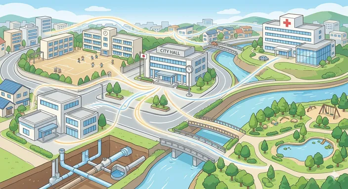 市役所、学校、橋、道路、水道設備など地域インフラに資金が巡っていく地方債のイメージ。