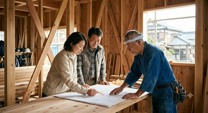 地域の木造住宅現場で、職人と施主が家の細部について相談している温かい場面。