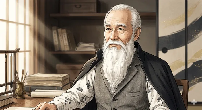 顎から長く伸びる白い顎ひげをたくわえた老紳士の静かな人物描写。
