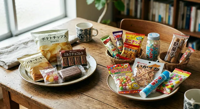 低価格のお菓子と駄菓子が並べられ、その違いを考えさせるような構図の画像。