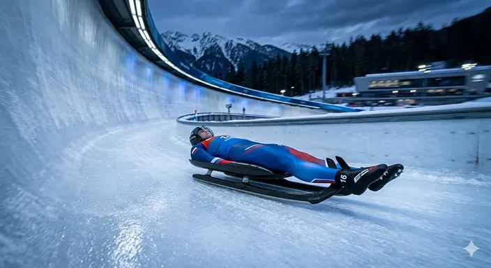仰向けで足を前に伸ばし、空気抵抗を抑えながら滑走するリュージュ選手の姿。