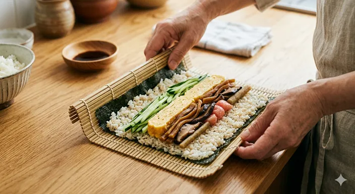 巻きすの上に海苔と酢飯と具材をのせ、これから巻き寿司として成形しようとしている調理風景。