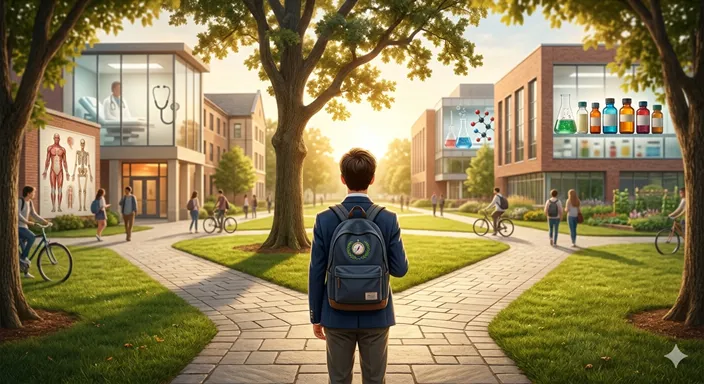 医学部と薬学部の進路を象徴する二つの道が分かれ、学生が将来を考えながら選択している様子。