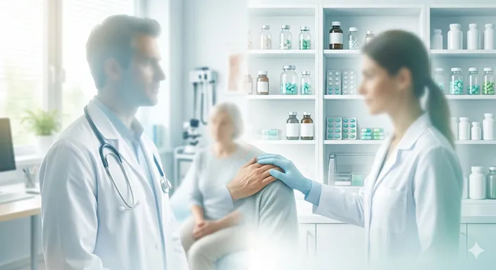 医師を象徴する白衣と聴診器、薬剤師を象徴する薬瓶とカプセルが、医療の現場で並んで支え合う様子。