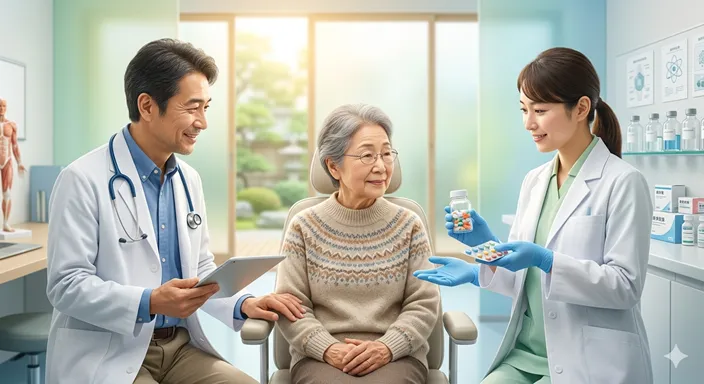 医師と薬剤師がそれぞれの専門性を生かし、患者を中心に医療を支えている穏やかなイメージ。