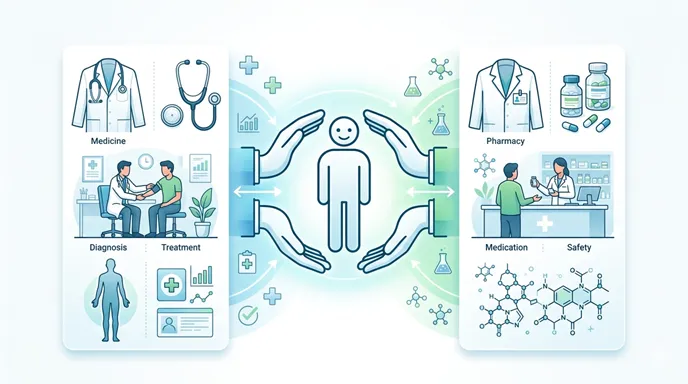 MedicineとPharmacyの役割を左右に分け、診断と薬物治療の違いを英語ラベルで示した比較イメージ。