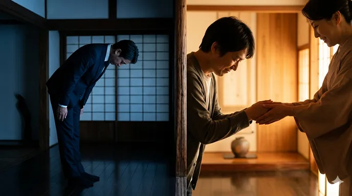 薄暗い左側では深く頭を下げる人物が面目ない気持ちを表し、暖かな右側では差し伸べられた手に感謝している人物がかたじけない気持ちを表している対比画像。