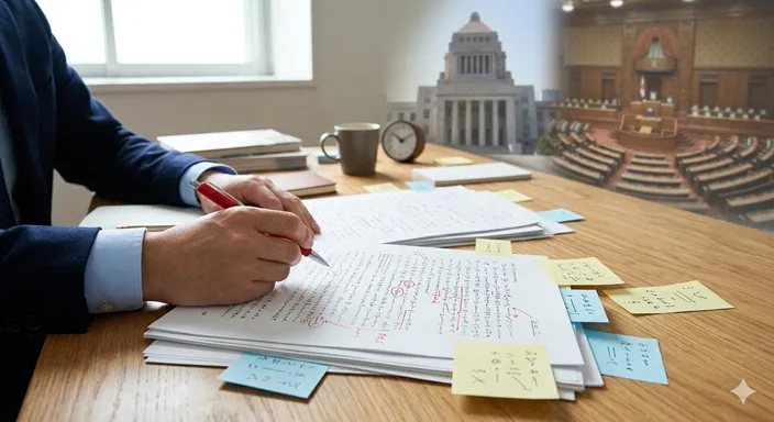 政治に関する言葉の誤用を、資料を見直しながら正しく修正している様子を表したイメージ。