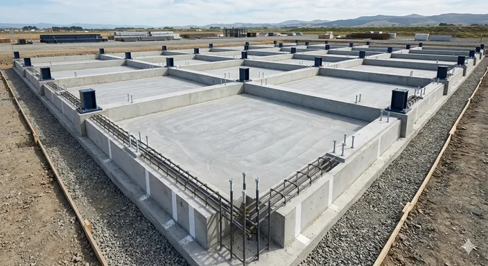 整然と組み上げられた現代的な土台や建築基盤が、安定した構造として表現されているイメージ。