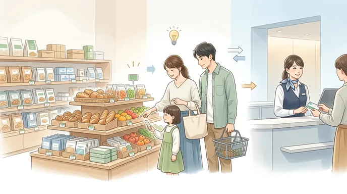 商品、買い物、サービス利用の三つが調和よく並び、価格・値段・料金の違いが整理されてすっきり理解できたことを象徴するイメージ。