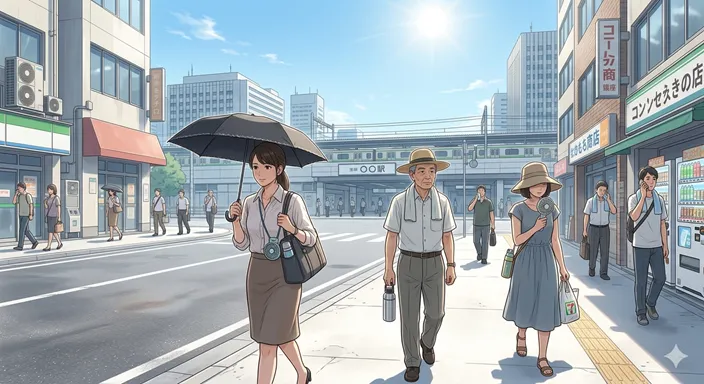 真夏の青空の下、気象情報を確認しながら日傘や帽子で暑さを避けて歩く人々の街角。