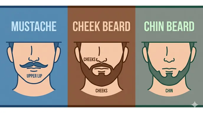 MUSTACHE、CHEEK BEARD、CHIN BEARDを顔の部位で比較した英語表記のインフォグラフィック。