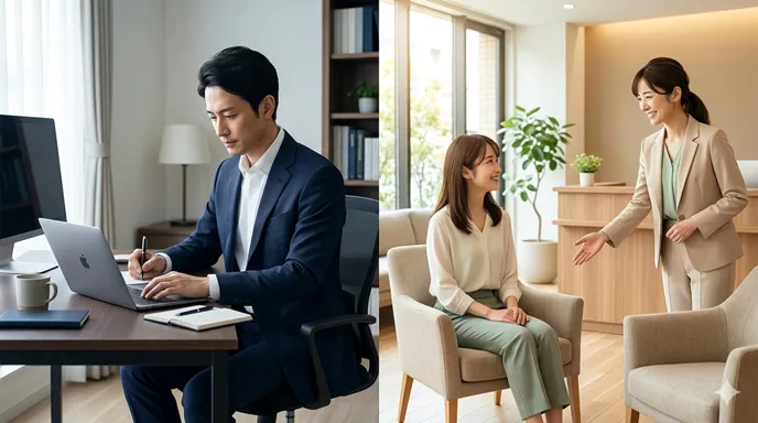 改まったビジネスメールで深く願いを伝える場面と、相手に席を勧める柔らかな接客場面を対比したイメージ。