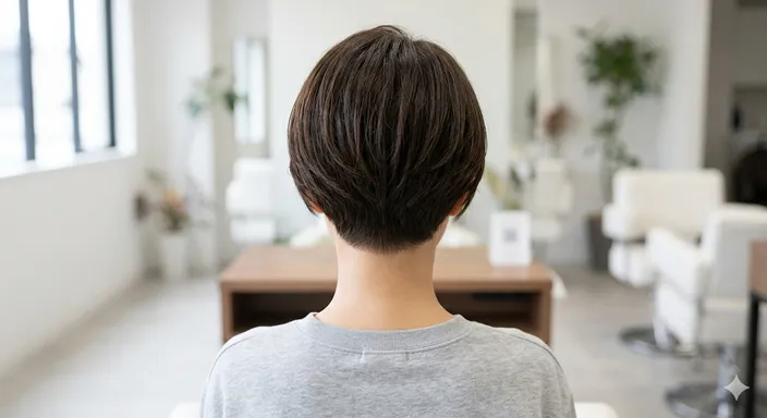 後ろ髪の生え際に焦点を当て、襟足の形がわかりやすく見えるヘアスタイルのイメージ。