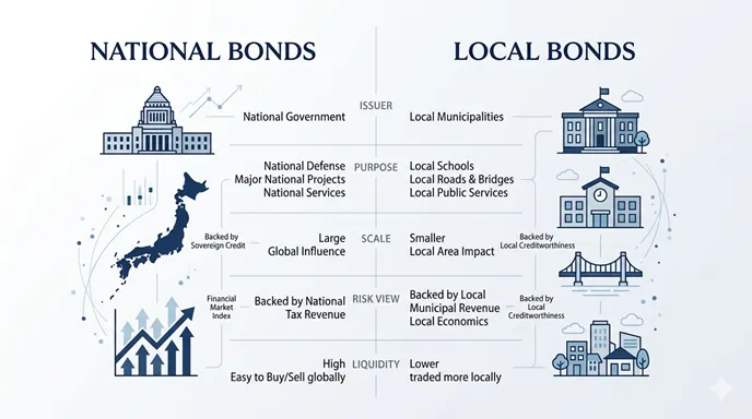 NATIONAL BONDSとLOCAL BONDSを、ISSUER、PURPOSE、SCALE、RISK VIEWの軸で比較した英語インフォグラフィック。