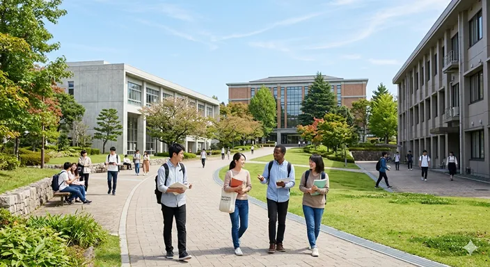 緑の多い大学キャンパスで学生たちが学び、移動し、研究や交流をしている様子。