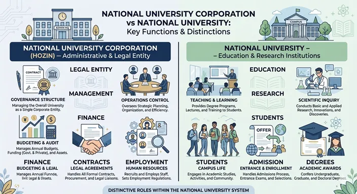 国立大学法人と国立大学の違いを、役割・機能・対象場面で比較した英語表記のインフォグラフィック。