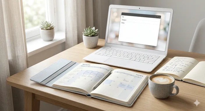明るいデスクで、数日前の予定が開かれたカレンダーと、穏やかな印象のメール作成画面が並んでいる様子。