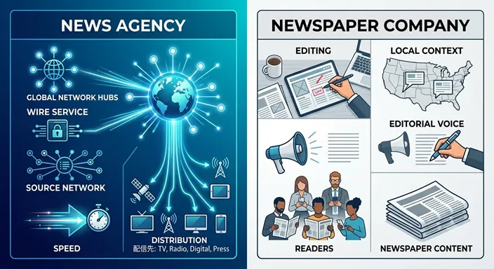 NEWS AGENCYとNEWSPAPER COMPANYを、配信、編集、読者、速報性の観点で比較した英語のインフォグラフィック。