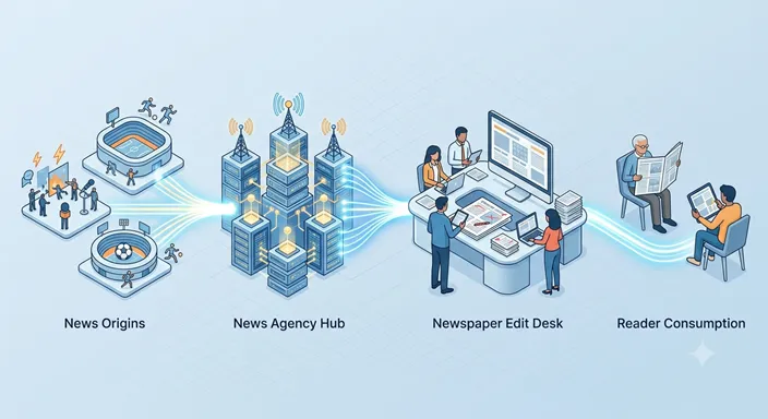 現場で発生したニュースが通信社を通り、新聞社で編集され、読者のもとへ届くまでの流れ。