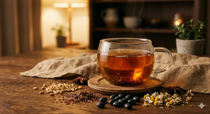 麦茶、ルイボスティー、ハーブなどの自然素材を使ったノンカフェイン飲料の穏やかなイメージ。