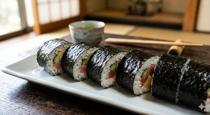 つやのある黒い海苔で酢飯と具材を包んだ細い海苔巻きが、和皿の上に整然と並んでいる様子。