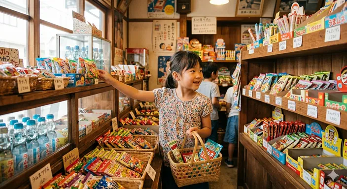 駄菓子屋の棚に小袋のお菓子が並び、子どもが楽しそうに選んでいる様子を表した画像。