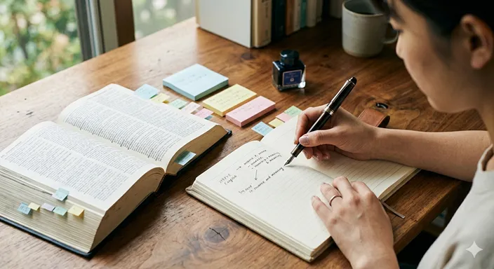 机の上に辞書、ノート、万年筆、付箋が並び、言葉のニュアンスを丁寧に選ぶ様子を表している。