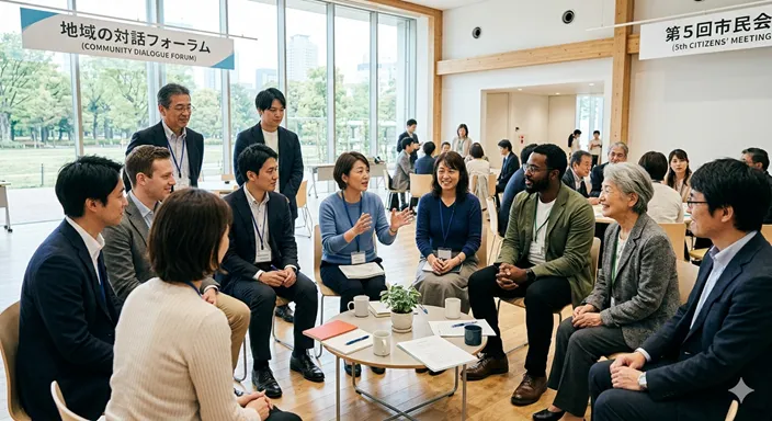 年齢や立場の異なる人々が開かれた空間で輪になって対話し、意見を交わしている様子。