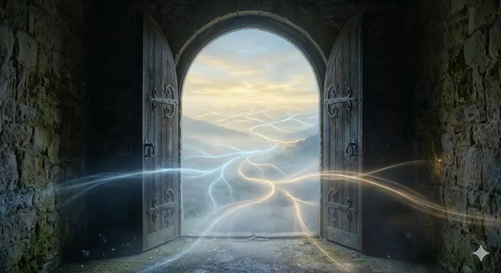 開かれた扉の先に、さまざまな方向へ伸びる複数の道が広がっている幻想的な風景。