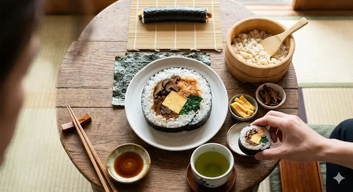 一つの太い海苔巻きが、巻き寿司・海苔巻き・太巻きという複数の分類に重なっていることを象徴する抽象的な構図。