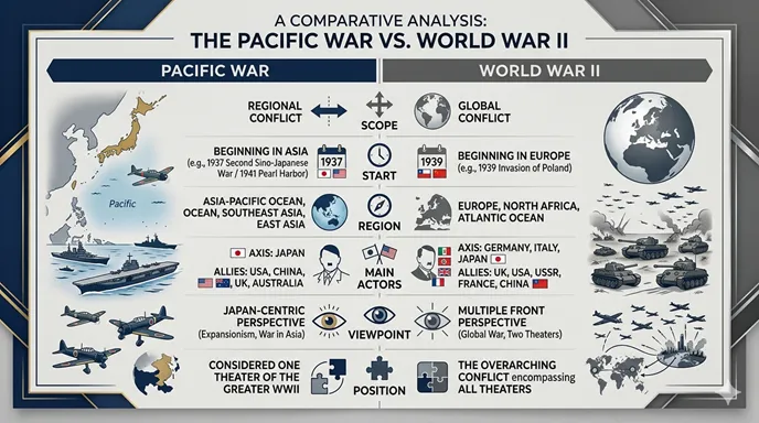 Pacific WarとWorld War IIの違いを、scope、start、region、viewpointなどの軸で比較した英語のインフォグラフィック。