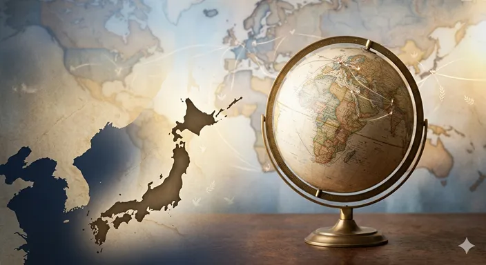 日本列島と地球儀が穏やかな光の中で並び、戦争の違いを理解した先に平和への視点が開けることを象徴するビジュアル。