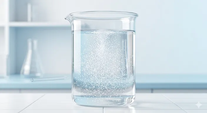 水の中で食塩や砂糖の粒子が見えないほど細かく広がっていく溶解のイメージ。